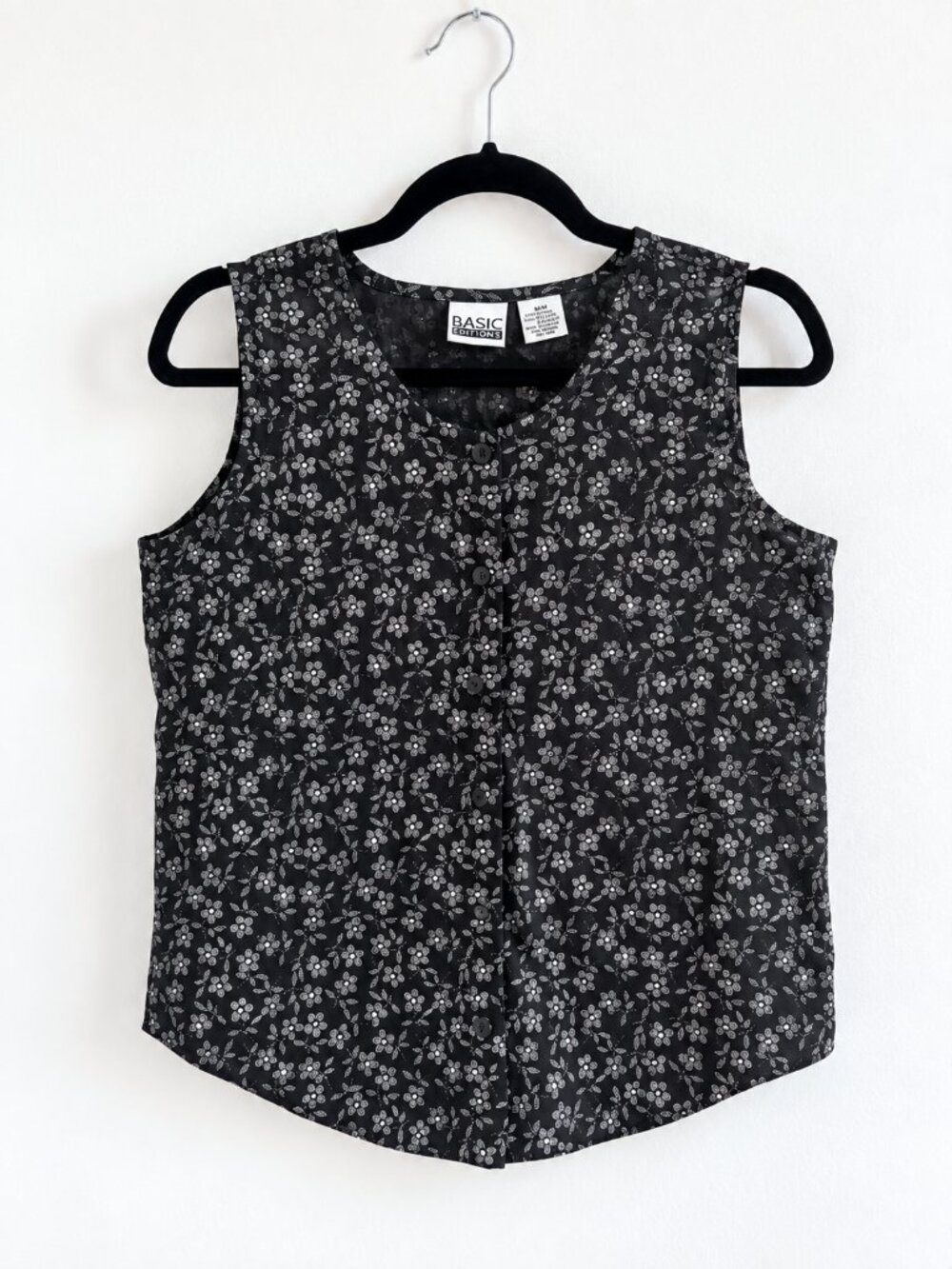 Vintage Basic Editions Floral Black Sleeveless Blouse, Size Medium
